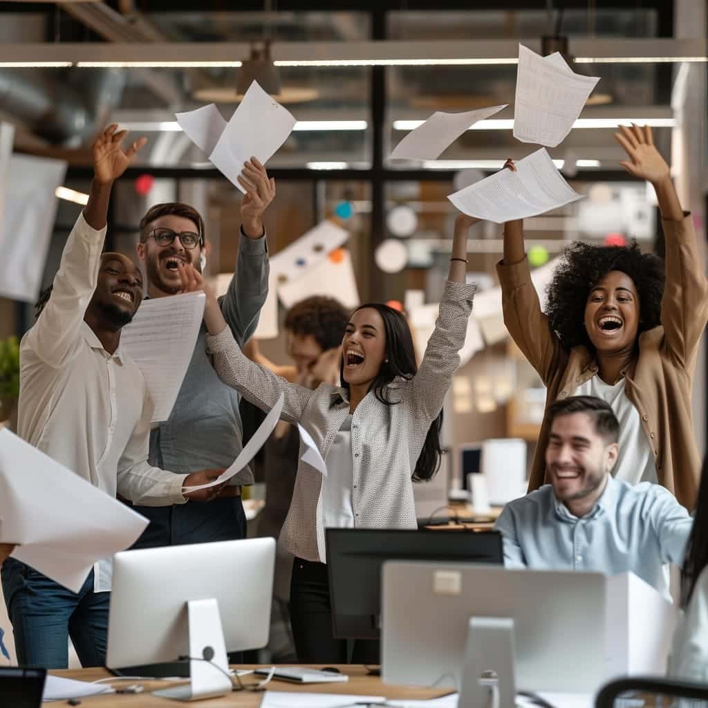 group of people cheering